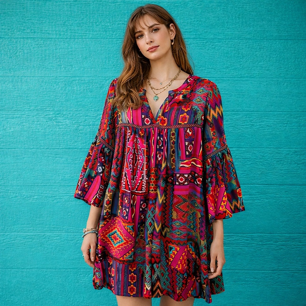 Uncle Frank Patchwork Dress Aztec Western Print V-Neck 3/4 Bell Sleeves M - Picture 10 of 11